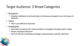 • Prospects
• Employ traditional communication mix because prospects are not known in
advance
• Users
• More cost effective channels
• Employees
• Secondary audience for communication campaigns through public media
• Shape employee behavior
• Part of internal marketing campaign using company-specific channels
Target Audience: 3 Broad Categories
 