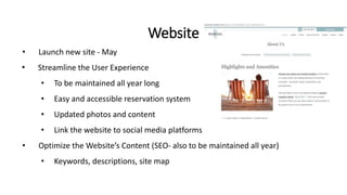 • Launch new site - May
• Streamline the User Experience
• To be maintained all year long
• Easy and accessible reservation system
• Updated photos and content
• Link the website to social media platforms
• Optimize the Website’s Content (SEO- also to be maintained all year)
• Keywords, descriptions, site map
Website
 