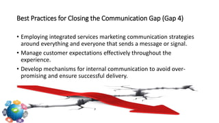 Best Practices for Closing the Communication Gap (Gap 4)
• Employing integrated services marketing communication strategies
around everything and everyone that sends a message or signal.
• Manage customer expectations effectively throughout the
experience.
• Develop mechanisms for internal communication to avoid over-
promising and ensure successful delivery.
 