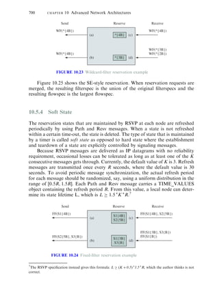 Figure 10.25 shows the SE-style reservation. When reservation requests are
merged, the resulting ®lterspec is the union of the original ®lterspecs and the
resulting ¯owspec is the largest ¯owspec.
10.5.4 Soft State
The reservation states that are maintained by RSVP at each node are refreshed
periodically by using Path and Resv messages. When a state is not refreshed
within a certain time-out, the state is deleted. The type of state that is maintained
by a timer is called soft state as opposed to hard state where the establishment
and teardown of a state are explicitly controlled by signaling messages.
Because RSVP messages are delivered as IP datagrams with no reliability
requirement, occasional losses can be tolerated as long as at least one of the K
consecutive messages gets through. Currently, the default value of K is 3. Refresh
messages are transmitted once every R seconds, where the default value is 30
seconds. To avoid periodic message synchronization, the actual refresh period
for each message should be randomized, say, using a uniform distribution in the
range of ‰0:5R; 1:5RŠ. Each Path and Resv message carries a TIME_VALUES
object containing the refresh period R. From this value, a local node can deter-
mine its state lifetime L, which is L ! 1:5 Ã
K Ã
R.7
700 CHAPTER 10 Advanced Network Architectures
Receive
WF(*{4B})WF(*{4B})
*{4B}
*{3B}
(a)
(b)
(c)
(d)
WF(*{3B})
WF(*{2B})WF(*{4B})
ReserveSend
FIGURE 10.23 Wildcard-®lter reservation example
Receive
FF(S1{4B})
(a)
(b)
(c)
(d)
FF(S2{5B}, S3{B})
FF(S1{4B}, S2{5B})
S1{4B}
S2{5B}
S1{3B}
S3{B}
FF(S1{3B}, S3{B})
FF(S1{B})
ReserveSend
FIGURE 10.24 Fixed-®lter reservation example
7
The RSVP speci®cation instead gives this formula: L ! …K ‡ 0.5† Ã
1.5 Ã
R, which the author thinks is not
correct.
| | | Textbook Table of Contentse-Text Main Menu
v
v
 
