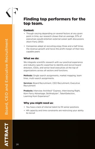 Board,CEOandExecutiveRecruitment
Context:
•	 Though varying depending on several factors at any given
point in time, our research shows that on average, 57% of
executives would entertain external career path discussions
(Korn Ferry 2012)
•	 Companies adept at recruiting enjoy three and a half times
the revenue growth and twice the profit margin of their less
capable peers
What we do:
We integrate scientific research with our practical experience
and industry specific expertise to identify and recruit board
directors, CEOs, and senior level executives at the top of
organizations across all sectors and functions.
Methods: Single search assignments, market mapping, team
hires, multi-search assignments.
Services: Board Recruitment, CEO Recruitment, Executive
Recruitment
Products: Interview Architect® Express, Interviewing Right,
Korn Ferry Advantage, SkilAnalyzer®, TalentSelection,
Learning from Experience™
Why you might need us:
•	 You have a lack of internal talent to fill senior positions
•	 HR capacity and time constraints are restricting your ability
to recruit
ATTRACT
Finding top performers for the
top team.
26
 