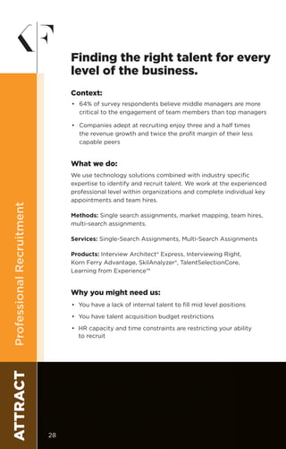 ATTRACTProfessionalRecruitment
Context:
•	 64% of survey respondents believe middle managers are more
critical to the engagement of team members than top managers
•	 Companies adept at recruiting enjoy three and a half times
the revenue growth and twice the profit margin of their less
capable peers
What we do:
We use technology solutions combined with industry specific
expertise to identify and recruit talent. We work at the experienced
professional level within organizations and complete individual key
appointments and team hires.
Methods: Single search assignments, market mapping, team hires,
multi-search assignments.
Services: Single-Search Assignments, Multi-Search Assignments
Products: Interview Architect® Express, Interviewing Right,
Korn Ferry Advantage, SkilAnalyzer®, TalentSelectionCore,
Learning from Experience™
Why you might need us:
•	 You have a lack of internal talent to fill mid level positions
•	 You have talent acquisition budget restrictions
•	 HR capacity and time constraints are restricting your ability
	to recruit
Finding the right talent for every
level of the business.
28
 