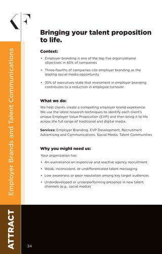 ATTRACTEmployerBrandsandTalentCommunications
Context:
•	 Employer branding is one of the top five organizational
objectives in 45% of companies
•	 Three-fourths of companies cite employer branding as the
leading social media opportunity
•	 35% of executives state that investment in employer branding
contributes to a reduction in employee turnover
What we do:
We help clients create a compelling employer brand experience.
We use the latest research techniques to identify each client’s
unique Employer Value Proposition (EVP) and then bring it to life
across the full range of traditional and digital media.
Services: Employer Branding, EVP Development, Recruitment
Advertising and Communications, Social Media, Talent Communities
Why you might need us:
Your organization has:
•	 An overreliance on expensive and reactive agency recruitment
•	 Weak, inconsistent, or undifferentiated talent messaging
•	 Low awareness or poor reputation among key target audiences
•	 Underdeveloped or underperforming presence in new talent
channels (e.g., social media)
Bringing your talent proposition
to life.
34
 