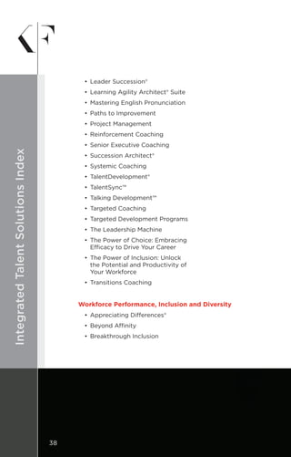DESIGNIntegratedTalentSolutionsIndex
•	 Leader Succession®
•	 Learning Agility Architect® Suite
•	 Mastering English Pronunciation
•	 Paths to Improvement
•	 Project Management
•	 Reinforcement Coaching
•	 Senior Executive Coaching
•	 Succession Architect®
•	 Systemic Coaching
•	TalentDevelopment®
•	TalentSync™
•	 Talking Development™
•	 Targeted Coaching
•	 Targeted Development Programs
•	 The Leadership Machine
•	 The Power of Choice: Embracing
Efficacy to Drive Your Career
•	 The Power of Inclusion: Unlock
	 the Potential and Productivity of
	 Your Workforce
•	 Transitions Coaching
Workforce Performance, Inclusion and Diversity
•	 Appreciating Differences®
•	 Beyond Affinity
•	 Breakthrough Inclusion
38
 