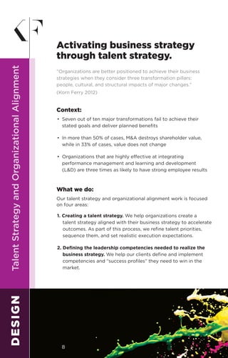 TalentStrategyandOrganizationalAlignment
Context:
•	 Seven out of ten major transformations fail to achieve their
stated goals and deliver planned benefits
•	 In more than 50% of cases, M&A destroys shareholder value,
while in 33% of cases, value does not change
•	 Organizations that are highly effective at integrating
performance management and learning and development
(L&D) are three times as likely to have strong employee results
What we do:
Our talent strategy and organizational alignment work is focused
on four areas:
1. Creating a talent strategy. We help organizations create a
talent strategy aligned with their business strategy to accelerate
outcomes. As part of this process, we refine talent priorities,
sequence them, and set realistic execution expectations.
2. Defining the leadership competencies needed to realize the
business strategy. We help our clients define and implement
competencies and “success profiles” they need to win in the
market.
“Organizations are better positioned to achieve their business
strategies when they consider three transformation pillars:
people, cultural, and structural impacts of major changes.”
(Korn Ferry 2012)
Activating business strategy
through talent strategy.
DESIGN
8
 