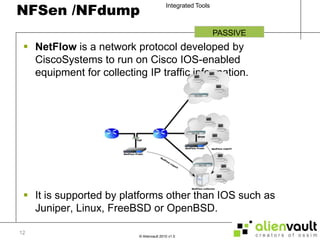 NFSen /NFdumpNetFlow is a network protocol developed by CiscoSystems to run on Cisco IOS-enabled equipment for collecting IP traffic information.It is supported by platforms other than IOS such as Juniper, Linux, FreeBSD or OpenBSD.PASSIVE12