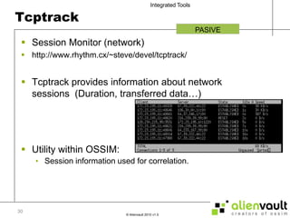 TcptrackSession Monitor (network)http://www.rhythm.cx/~steve/devel/tcptrack/Tcptrack provides information about network sessions  (Duration, transferred data…)Utility within OSSIM:Session information used for correlation.PASIVE30