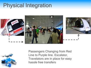 Physical Integration
Passengers Changing from Red
Line to Purple line. Escalator,
Travelators are in place for easy
hassle free transfers
 