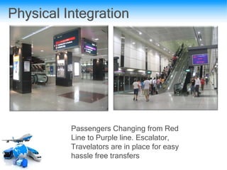 Physical Integration
Passengers Changing from Red
Line to Purple line. Escalator,
Travelators are in place for easy
hassle free transfers
 