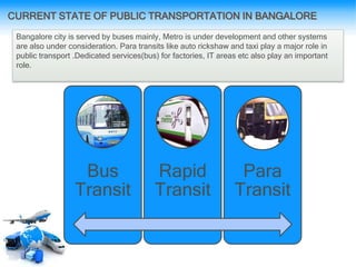 CURRENT STATE OF PUBLIC TRANSPORTATION IN BANGALORE
Bangalore city is served by buses mainly, Metro is under development and other systems
are also under consideration. Para transits like auto rickshaw and taxi play a major role in
public transport .Dedicated services(bus) for factories, IT areas etc also play an important
role.
Bus
Transit
Rapid
Transit
Para
Transit
 