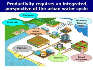 Surface water
Demand
management
Leakage
management
Stormwater/
Rainwater
Black water
Groundwater
Grey water
Productivity requires an integrated
perspective of the urban water cycle
 