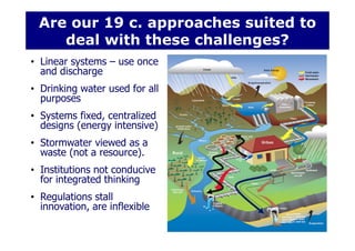 Are our 19 c. approaches suited to
deal with these challenges?
• Linear systems – use once
and discharge
• Drinking water ...