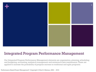 +
Performance–Based Project Management®, Copyright © Glen B. Alleman, 2002 ― 2016
Integrated Program Performance Management
Our Integrated Program Performance Management elements are organization, planning, scheduling
and budgeting, accounting, analysis & management and revisions & data maintenance.These are
applied to increase the probability of program success on traditional and agile programs.
1
 