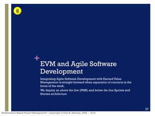 +
Performance–Based Project Management®, Copyright © Glen B. Alleman, 2002 ― 2016
EVM and Agile Software
Development
Integrating Agile Software Development with Earned Value
Management is straight forward when separation of concerns is the
focus of the work.
We deploy an above the line (PMB) and below the line Sprints and
Stories architecture
27
6
 