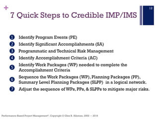 +
Performance–Based Project Management®, Copyright © Glen B. Alleman, 2002 ― 2016
7 Quick Steps to Credible IMP/IMS
12
❶ I...