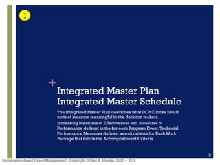 +
Performance–Based Project Management®, Copyright © Glen B. Alleman, 2002 ― 2016
Integrated Master Plan
Integrated Master...