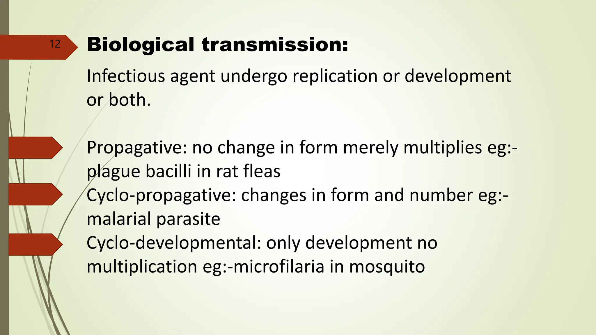 Biological transmission:
Infectious agent undergo replication or development
or both.
Propagative: no change in form merely multiplies eg:-
plague bacilli in rat fleas
Cyclo-propagative: changes in form and number eg:-
malarial parasite
Cyclo-developmental: only development no
multiplication eg:-microfilaria in mosquito
12
 