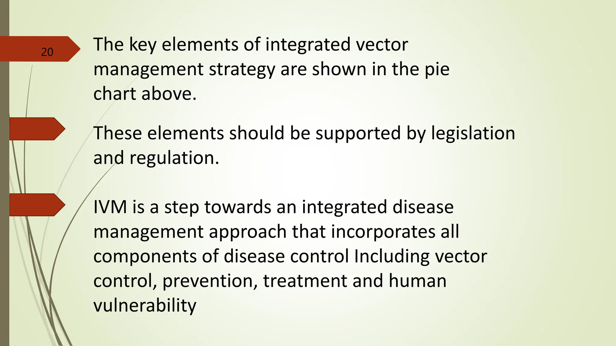 These elements should be supported by legislation
and regulation.
IVM is a step towards an integrated disease
management approach that incorporates all
components of disease control Including vector
control, prevention, treatment and human
vulnerability
The key elements of integrated vector
management strategy are shown in the pie
chart above.
20
 