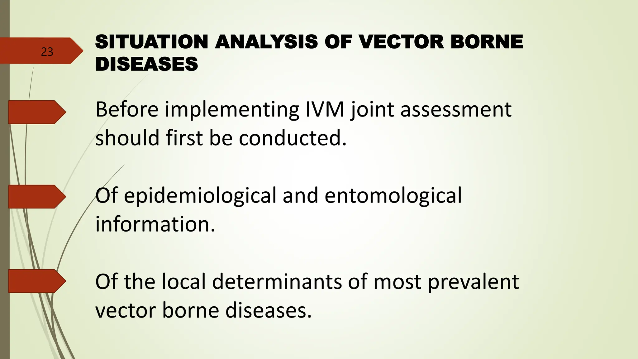 SITUATION ANALYSIS OF VECTOR BORNE
DISEASES
Before implementing IVM joint assessment
should first be conducted.
Of epidemiological and entomological
information.
Of the local determinants of most prevalent
vector borne diseases.
23
 