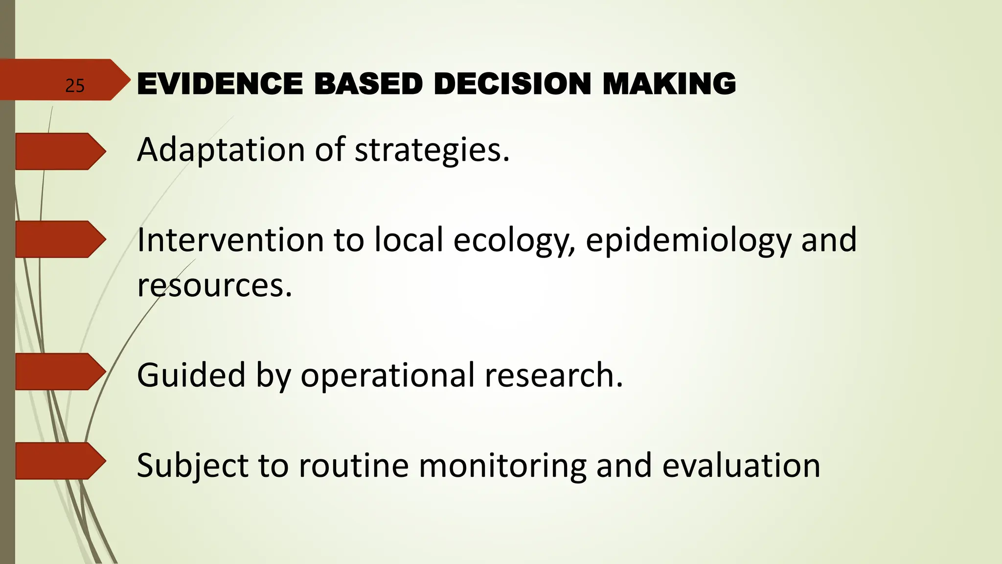 EVIDENCE BASED DECISION MAKING
Adaptation of strategies.
Intervention to local ecology, epidemiology and
resources.
Guided by operational research.
Subject to routine monitoring and evaluation
25
 