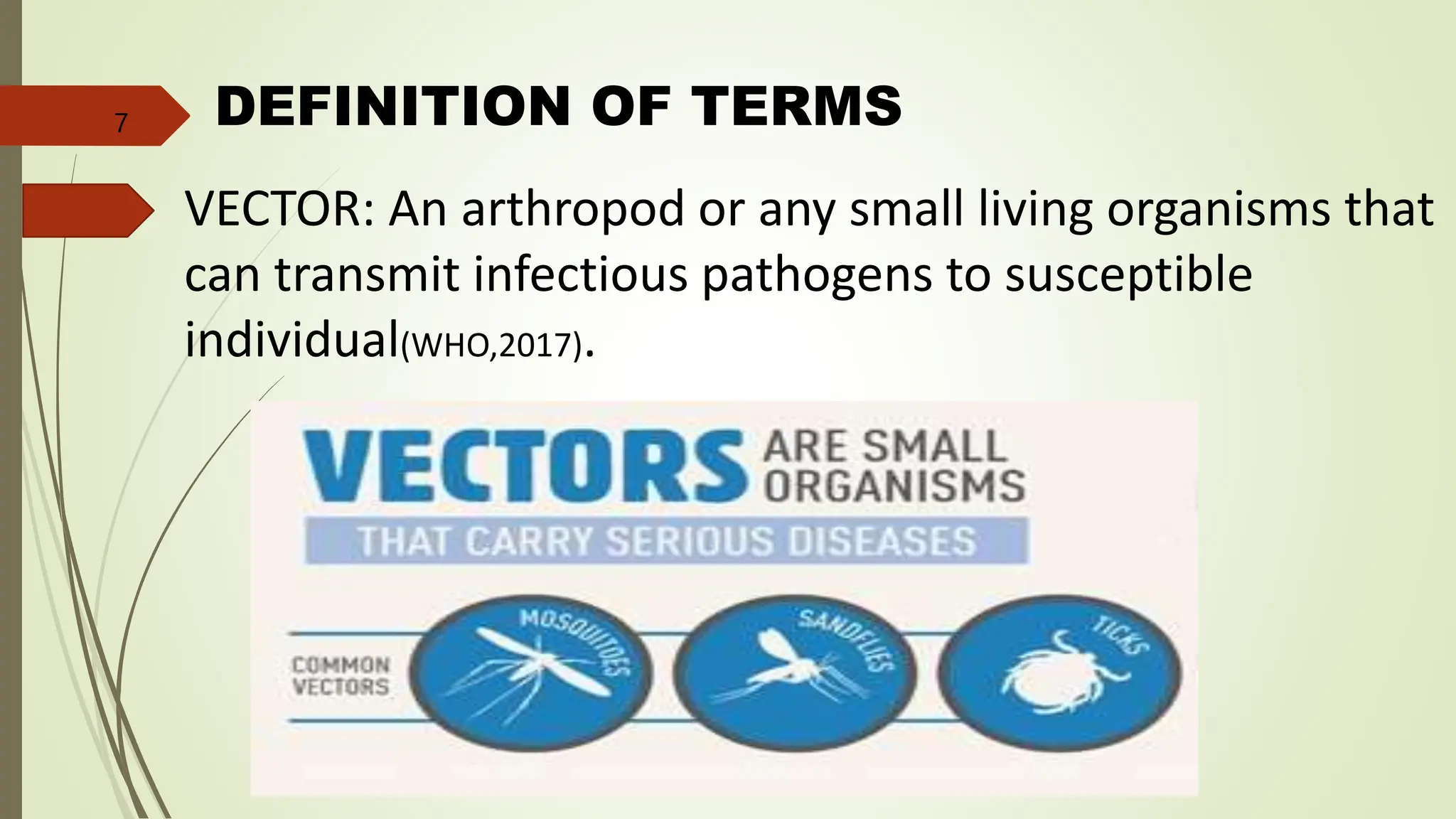 DEFINITION OF TERMS
VECTOR: An arthropod or any small living organisms that
can transmit infectious pathogens to susceptible
individual(WHO,2017).
7
 