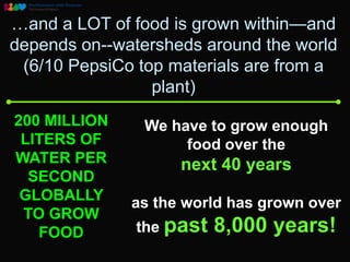 …and a LOT of food is grown within—and
depends on--watersheds around the world
 (6/10 PepsiCo top materials are from a
                 plant)
200 MILLION     We have to grow enough
 LITERS OF           food over the
WATER PER           next 40 years
  SECOND
 GLOBALLY     as the world has grown over
 TO GROW
   FOOD        the past   8,000 years!
 