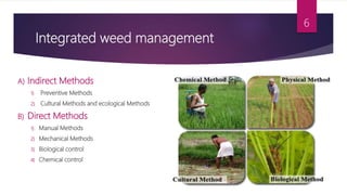 Integrated weed management
A) Indirect Methods
1) Preventive Methods
2) Cultural Methods and ecological Methods
B) Direct Methods
1) Manual Methods
2) Mechanical Methods
3) Biological control
4) Chemical control
6
 