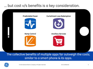 The collective benefits of multiple apps far outweigh the costs; similar to a smart phone & its apps. 
... but cost v/s benefits is a key consideration. 
© 2014 General Electric Company. All rights reserved. 
GE Confidential 
6 
Predictable Power 
Ancillary Services 
Curtailment Loss Redemption 
Ramp Control  