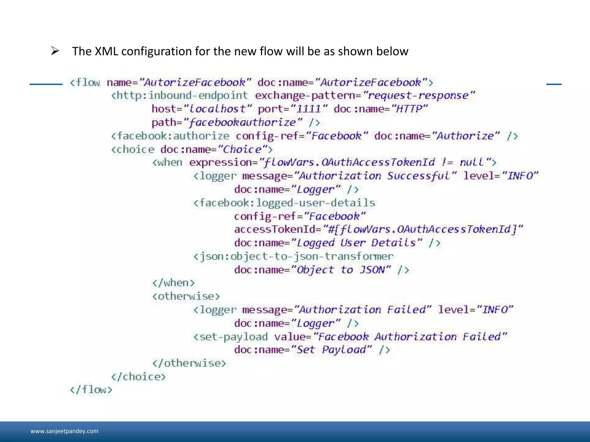 www.sanjeetpandey.com
 The XML configuration for the new flow will be as shown below
 