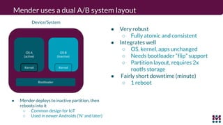 Mender uses a dual A/B system layout
● Very robust
○ Fully atomic and consistent
● Integrates well
○ OS, kernel, apps unch...