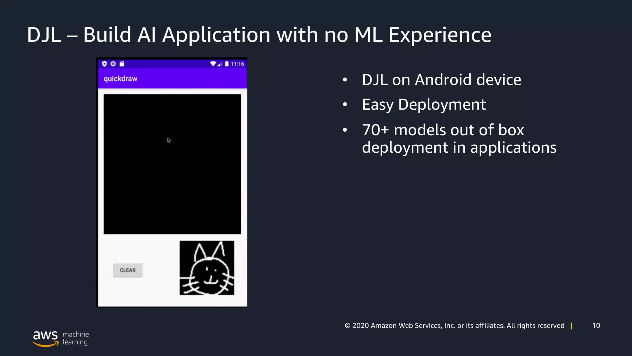 10© 2020 Amazon Web Services, Inc. or its affiliates. All rights reserved |
DJL – Build AI Application with no ML Experience
• DJL on Android device
• Easy Deployment
• 70+ models out of box
deployment in applications
 