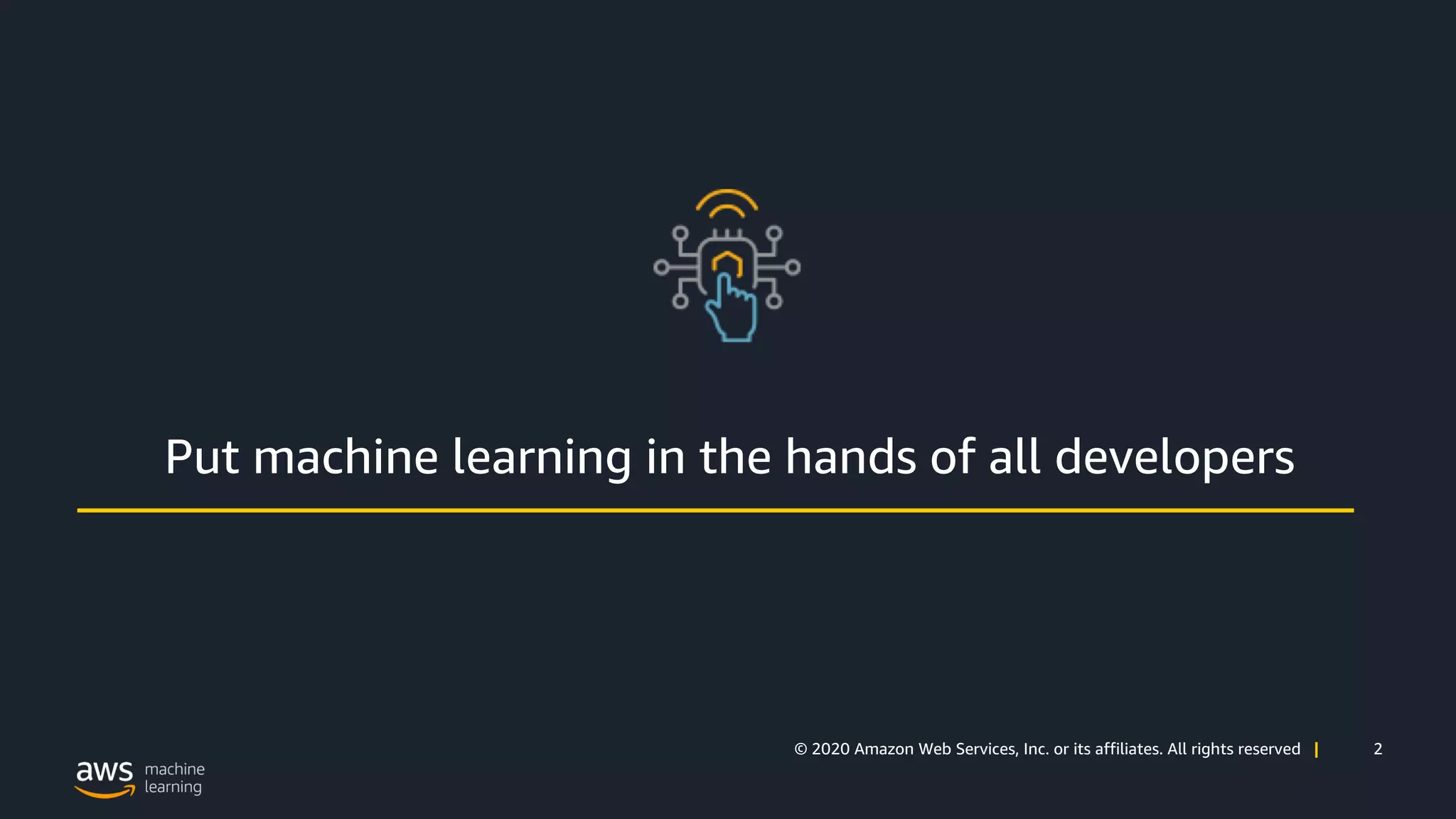 2© 2020 Amazon Web Services, Inc. or its affiliates. All rights reserved |
Put machine learning in the hands of all developers
 