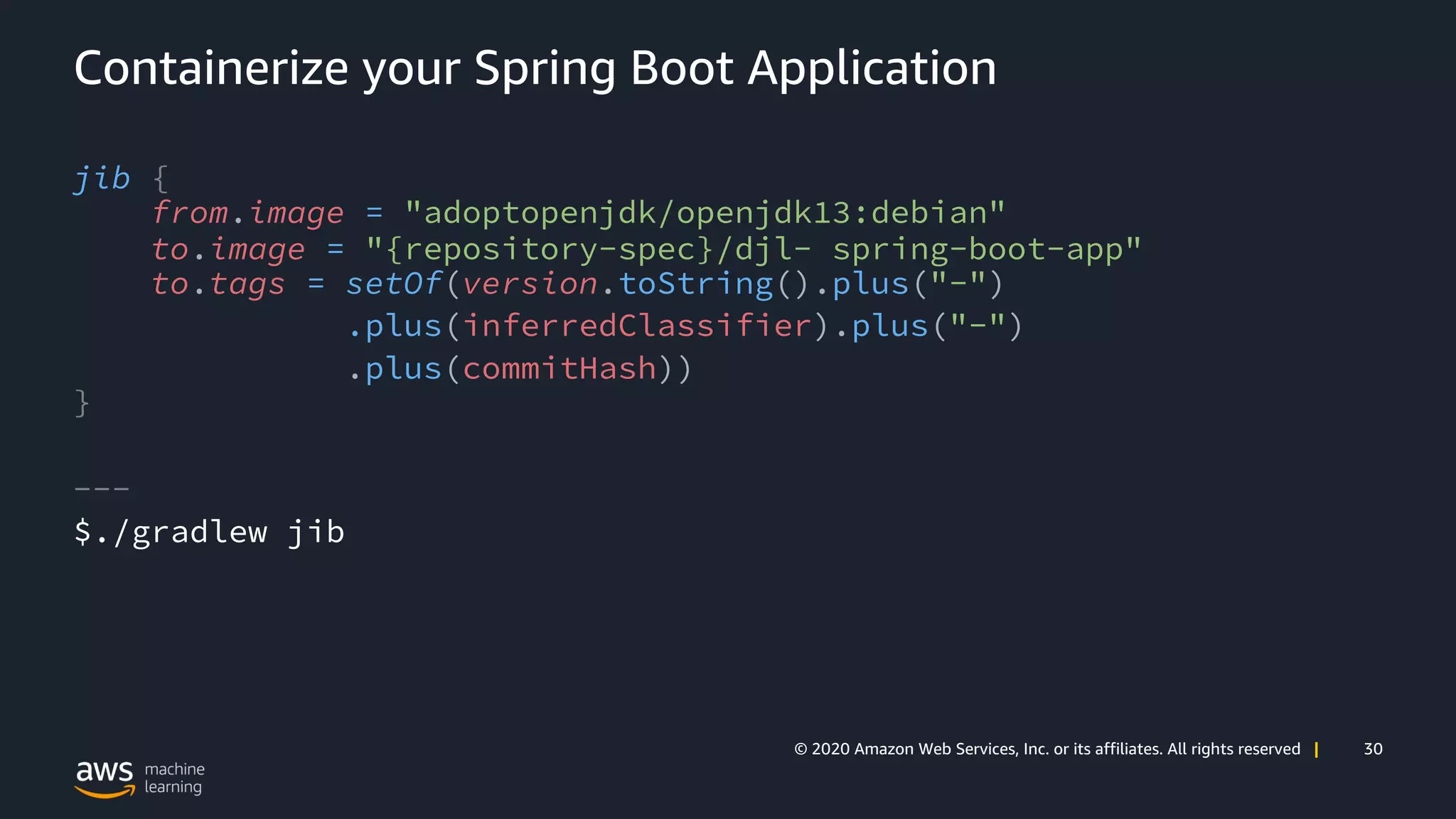 30© 2020 Amazon Web Services, Inc. or its affiliates. All rights reserved |
Containerize your Spring Boot Application
jib {
from.image = "adoptopenjdk/openjdk13:debian"
to.image = "{repository-spec}/djl- spring-boot-app"
to.tags = setOf(version.toString().plus("-")
.plus(inferredClassifier).plus("-")
.plus(commitHash))
}
---
$./gradlew jib
 