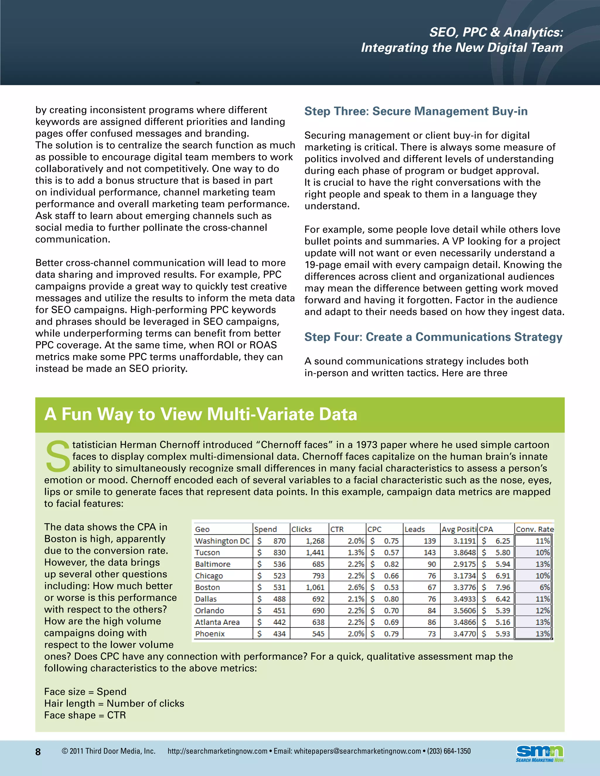SEO, PPC & Analytics:
                                                                                                Integrating the New Digital Team



by creating inconsistent programs where different                              Step Three: Secure Management Buy-in
keywords are assigned different priorities and landing
pages offer confused messages and branding.                                    Securing management or client buy-in for digital
The solution is to centralize the search function as much                      marketing is critical. There is always some measure of
as possible to encourage digital team members to work                          politics involved and different levels of understanding
collaboratively and not competitively. One way to do                           during each phase of program or budget approval.
this is to add a bonus structure that is based in part                         It is crucial to have the right conversations with the
on individual performance, channel marketing team                              right people and speak to them in a language they
performance and overall marketing team performance.                            understand.
Ask staff to learn about emerging channels such as
social media to further pollinate the cross-channel      For example, some people love detail while others love
communication.                                           bullet points and summaries. A VP looking for a project
                                                         update will not want or even necessarily understand a
Better cross-channel communication will lead to more     19-page email with every campaign detail. Knowing the
data sharing and improved results. For example, PPC      differences across client and organizational audiences
campaigns provide a great way to quickly test creative   may mean the difference between getting work moved
messages and utilize the results to inform the meta data forward and having it forgotten. Factor in the audience
for SEO campaigns. High-performing PPC keywords          and adapt to their needs based on how they ingest data.
and phrases should be leveraged in SEO campaigns,
while underperforming terms can benefit from better      Step Four: Create a Communications Strategy
PPC coverage. At the same time, when ROI or ROAS
metrics make some PPC terms unaffordable, they can       A sound communications strategy includes both
instead be made an SEO priority.                         in-person and written tactics. Here are three



    A Fun Way to View Multi-Variate Data

    S
           tatistician Herman Chernoff introduced “Chernoff faces” in a 1973 paper where he used simple cartoon
           faces to display complex multi-dimensional data. Chernoff faces capitalize on the human brain’s innate
           ability to simultaneously recognize small differences in many facial characteristics to assess a person’s
    emotion or mood. Chernoff encoded each of several variables to a facial characteristic such as the nose, eyes,
    lips or smile to generate faces that represent data points. In this example, campaign data metrics are mapped
    to facial features:

    The data shows the CPA in
    Boston is high, apparently
    due to the conversion rate.
    However, the data brings
    up several other questions
    including: How much better
    or worse is this performance
    with respect to the others?
    How are the high volume
    campaigns doing with
    respect to the lower volume
    ones? Does CPC have any connection with performance? For a quick, qualitative assessment map the
    following characteristics to the above metrics:

    Face size = Spend
    Hair length = Number of clicks
    Face shape = CTR


8      © 2011 Third Door Media, Inc.   http://searchmarketingnow.com • Email: whitepapers@searchmarketingnow.com • (203) 664-1350
 