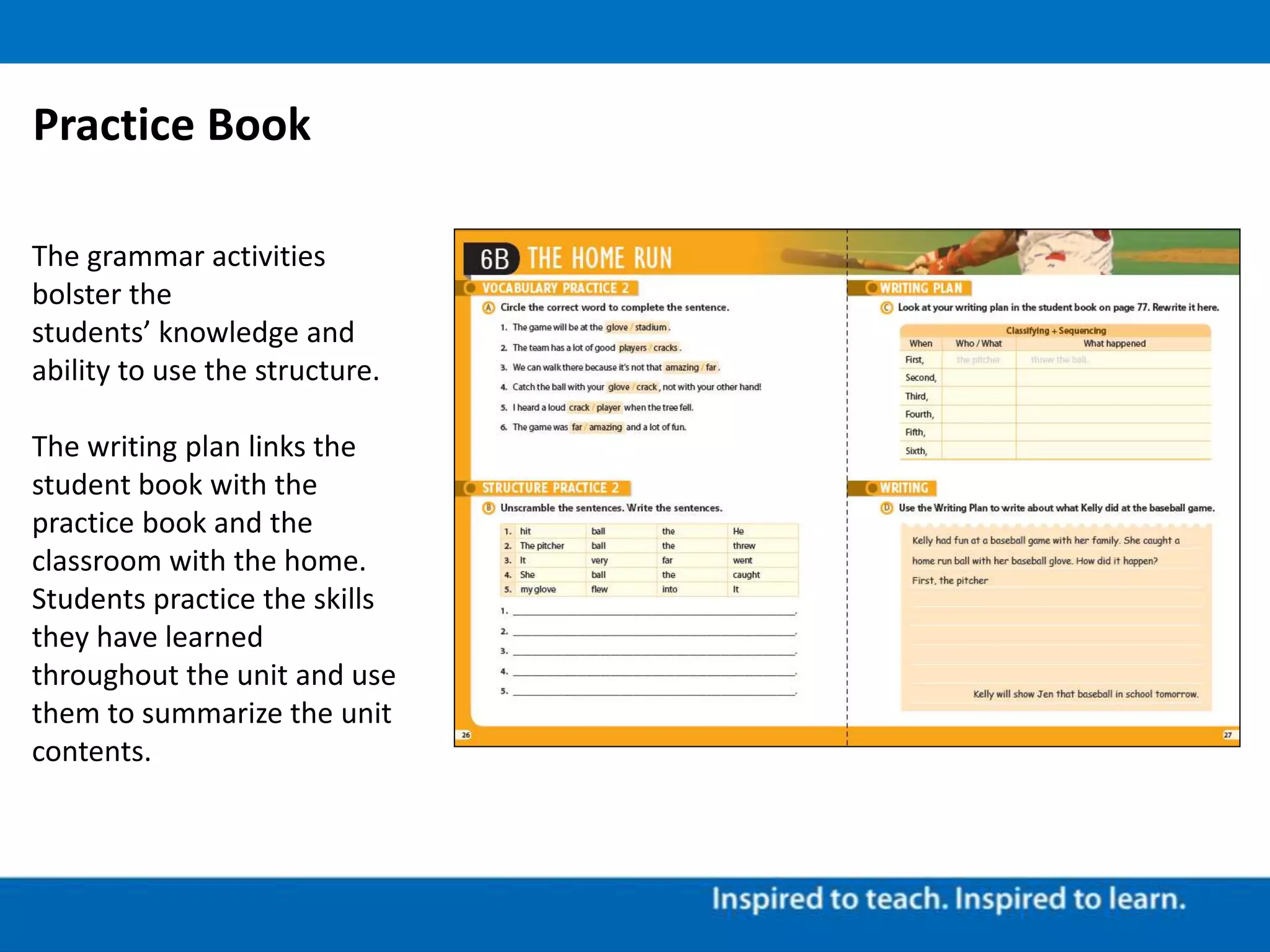 The grammar activities
bolster the
students’ knowledge and
ability to use the structure.
The writing plan links the
student book with the
practice book and the
classroom with the home.
Students practice the skills
they have learned
throughout the unit and use
them to summarize the unit
contents.
Practice Book
 