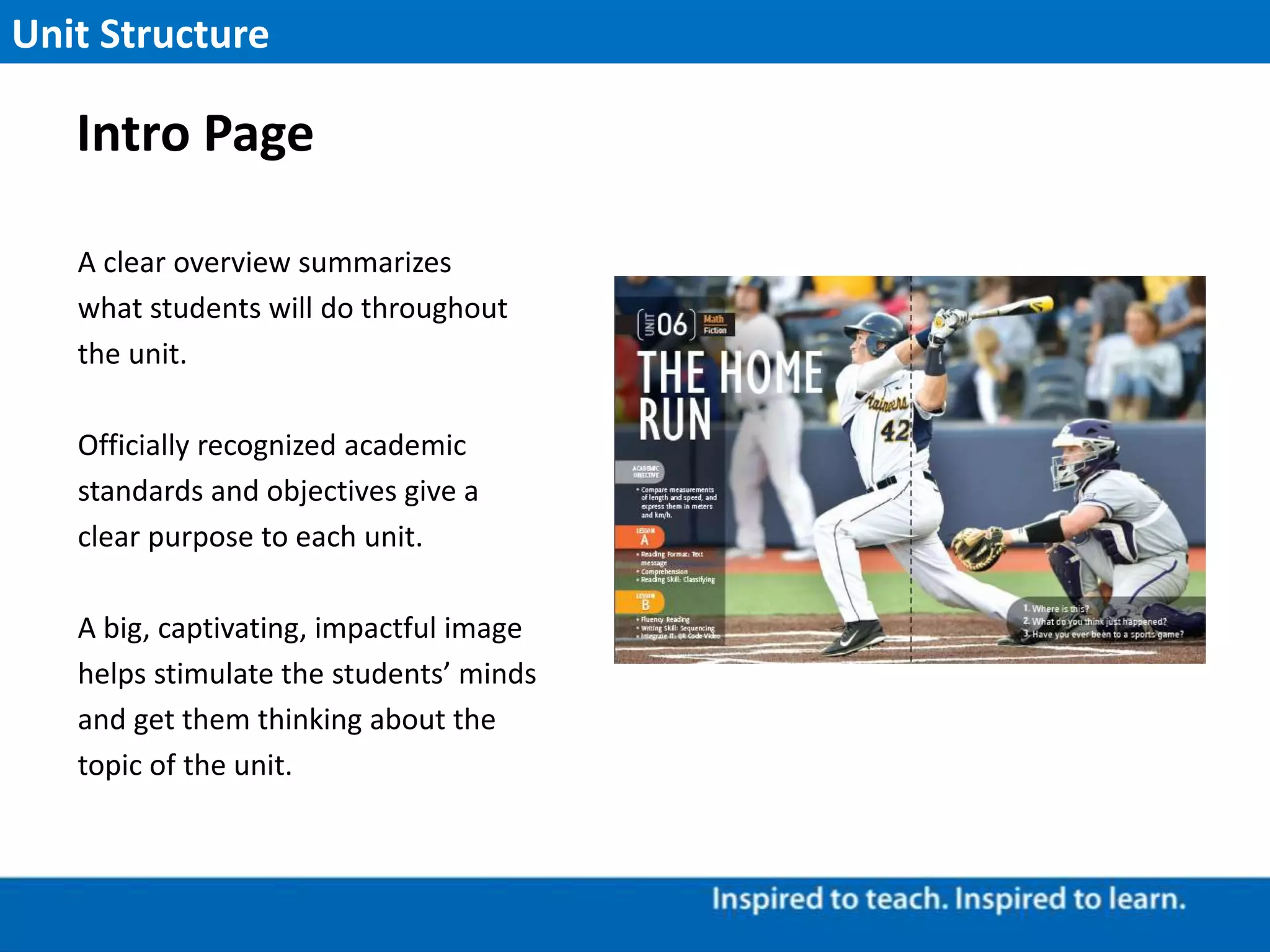 Intro Page
A clear overview summarizes
what students will do throughout
the unit.
Officially recognized academic
standards and objectives give a
clear purpose to each unit.
A big, captivating, impactful image
helps stimulate the students’ minds
and get them thinking about the
topic of the unit.
Unit Structure
 
