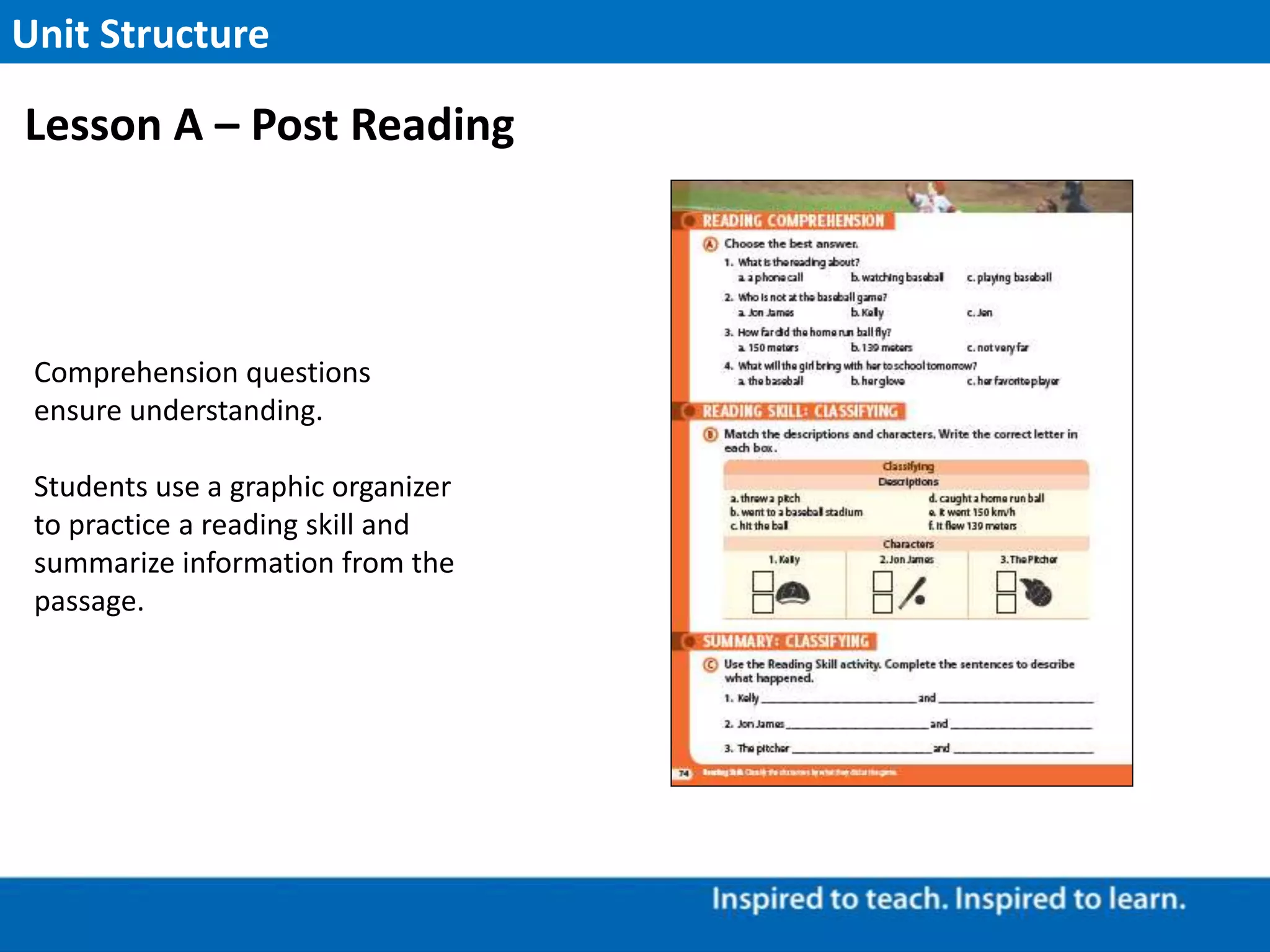 Comprehension questions
ensure understanding.
Students use a graphic organizer
to practice a reading skill and
summarize information from the
passage.
Unit Structure
Lesson A – Post Reading
 