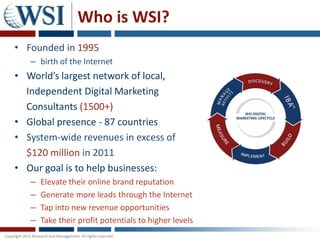 Who is WSI?
• Founded in 1995
   – birth of the Internet
• World’s largest network of local,
  Independent Digital Marketing
  Consultants (1500+)
• Global presence - 87 countries
• System-wide revenues in excess of
  $120 million in 2011
• Our goal is to help businesses:
   –   Elevate their online brand reputation
   –   Generate more leads through the Internet
   –   Tap into new revenue opportunities
   –   Take their profit potentials to higher levels
 