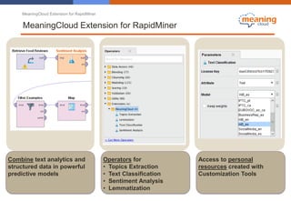 MeaningCloud Extension for RapidMiner
MeaningCloud Extension for RapidMiner
Combine text analytics and
structured data in powerful
predictive models
Operators for
• Topics Extraction
• Text Classification
• Sentiment Analysis
• Lemmatization
Access to personal
resources created with
Customization Tools
 