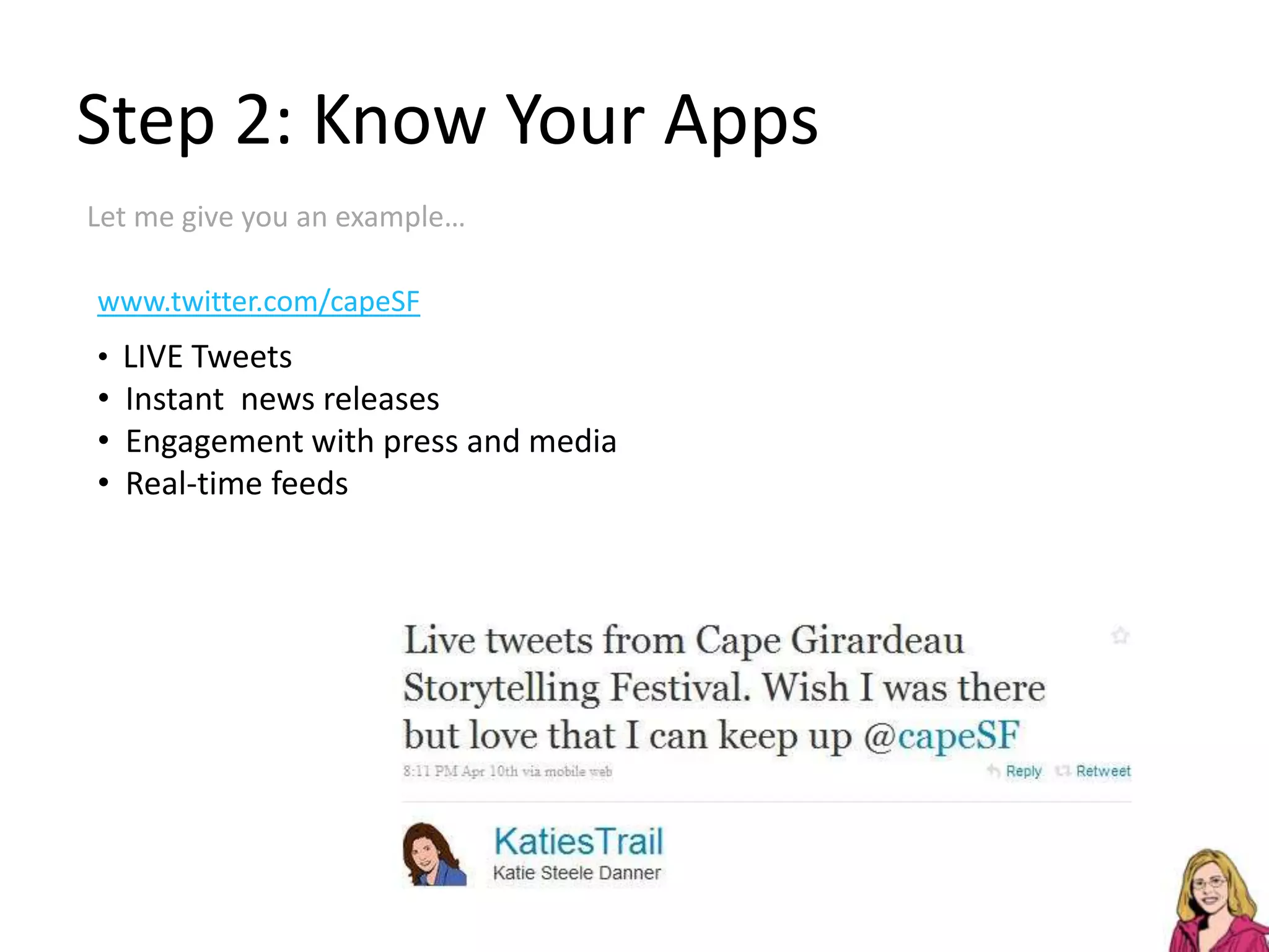Step 2: Know Your AppsLet me give you an example…www.twitter.com/capeSFLIVE Tweets