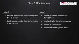 The Apache Way
✗ A method of developing software
✗ A method of running communities
✗ A method of governing a Foundation
✗ ...
