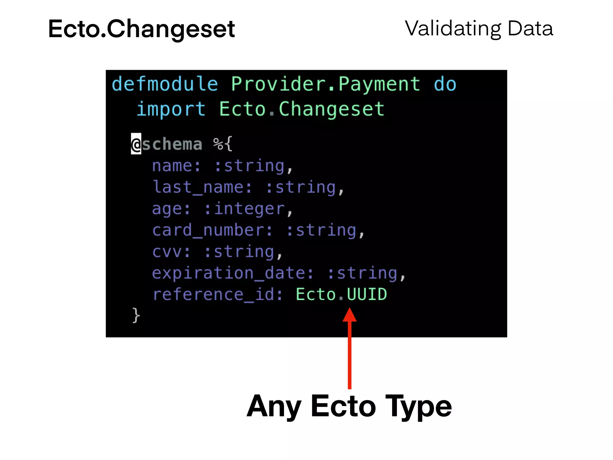 Ecto.Changeset Validating Data
Any Ecto Type
 