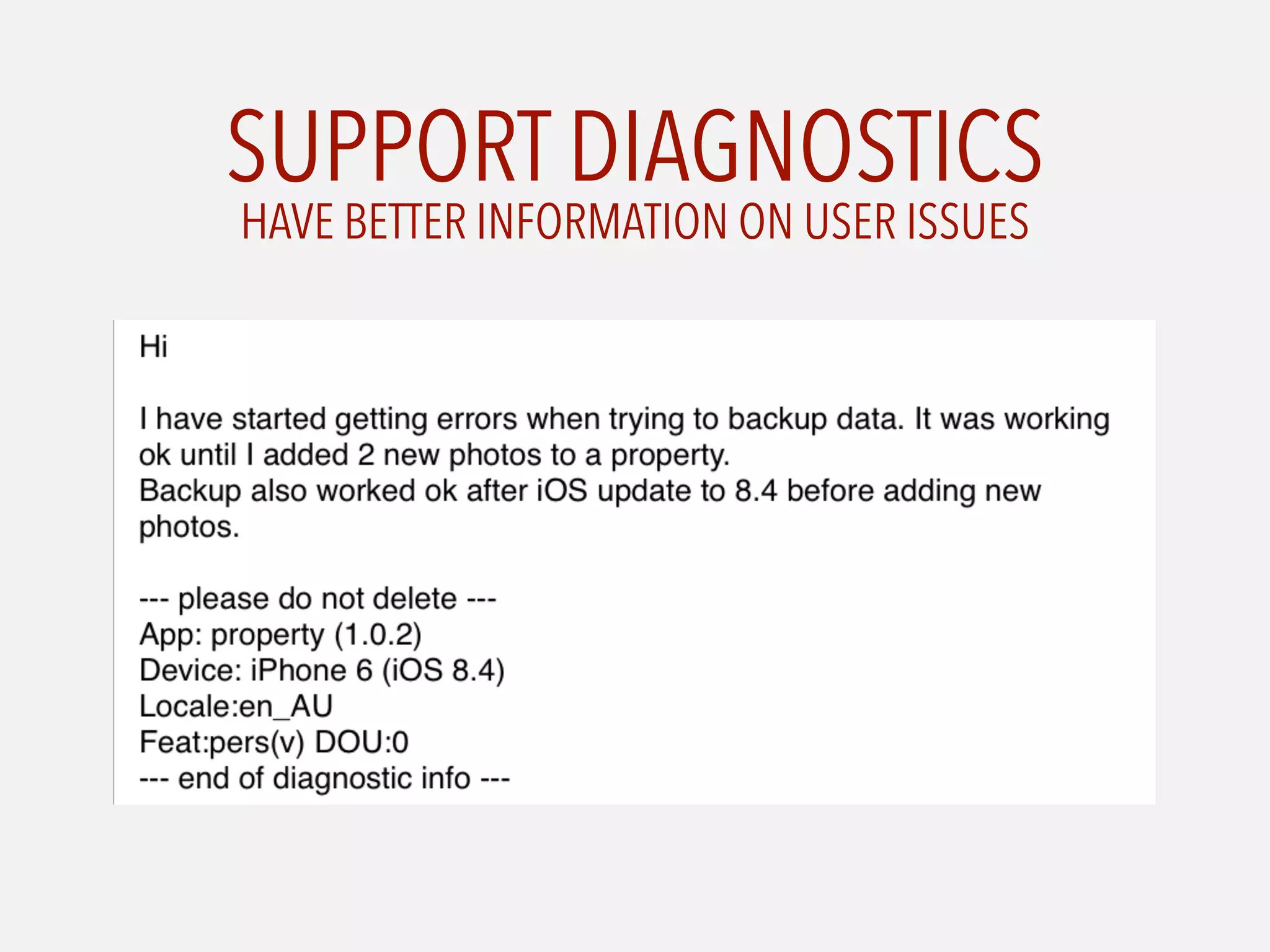 SUPPORT DIAGNOSTICS
HAVE BETTER INFORMATION ON USER ISSUES
 