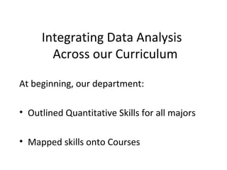 Integrating Data Analysis
Across our Curriculum
At beginning, our department:
• Outlined Quantitative Skills for all majors
• Mapped skills onto Courses

 