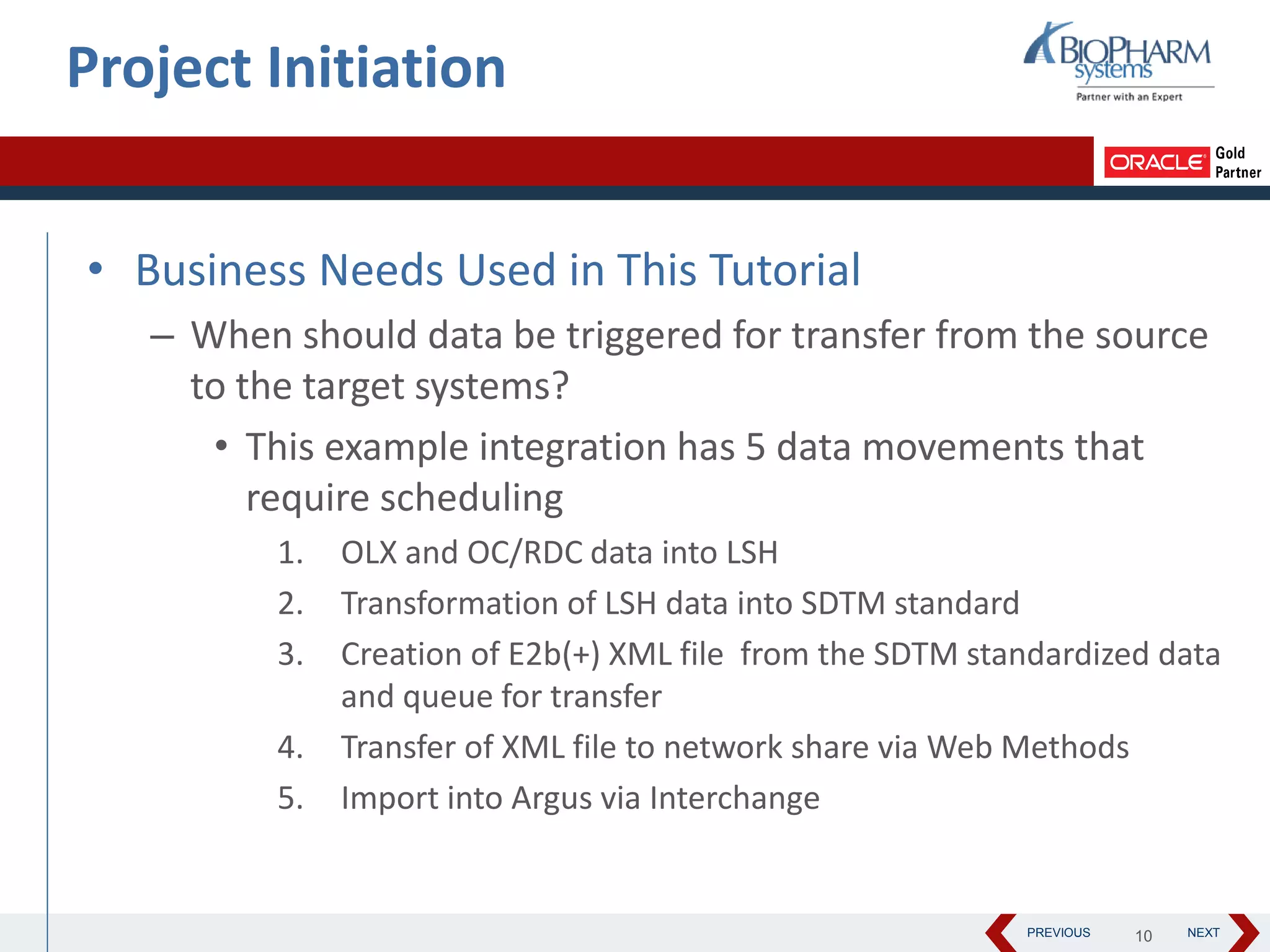 PREVIOUS NEXT
• Business Needs Used in This Tutorial
– When should data be triggered for transfer from the source
to the target systems?
• This example integration has 5 data movements that
require scheduling
1. OLX and OC/RDC data into LSH
2. Transformation of LSH data into SDTM standard
3. Creation of E2b(+) XML file from the SDTM standardized data
and queue for transfer
4. Transfer of XML file to network share via Web Methods
5. Import into Argus via Interchange
Project Initiation
10
 