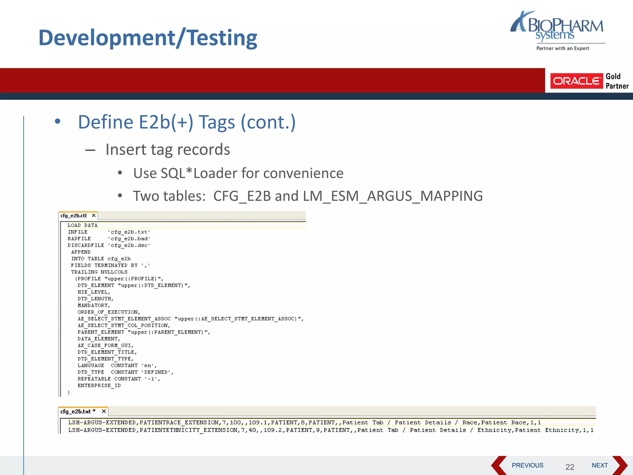 PREVIOUS NEXT
Development/Testing
• Define E2b(+) Tags (cont.)
– Insert tag records
• Use SQL*Loader for convenience
• Two tables: CFG_E2B and LM_ESM_ARGUS_MAPPING
22
 