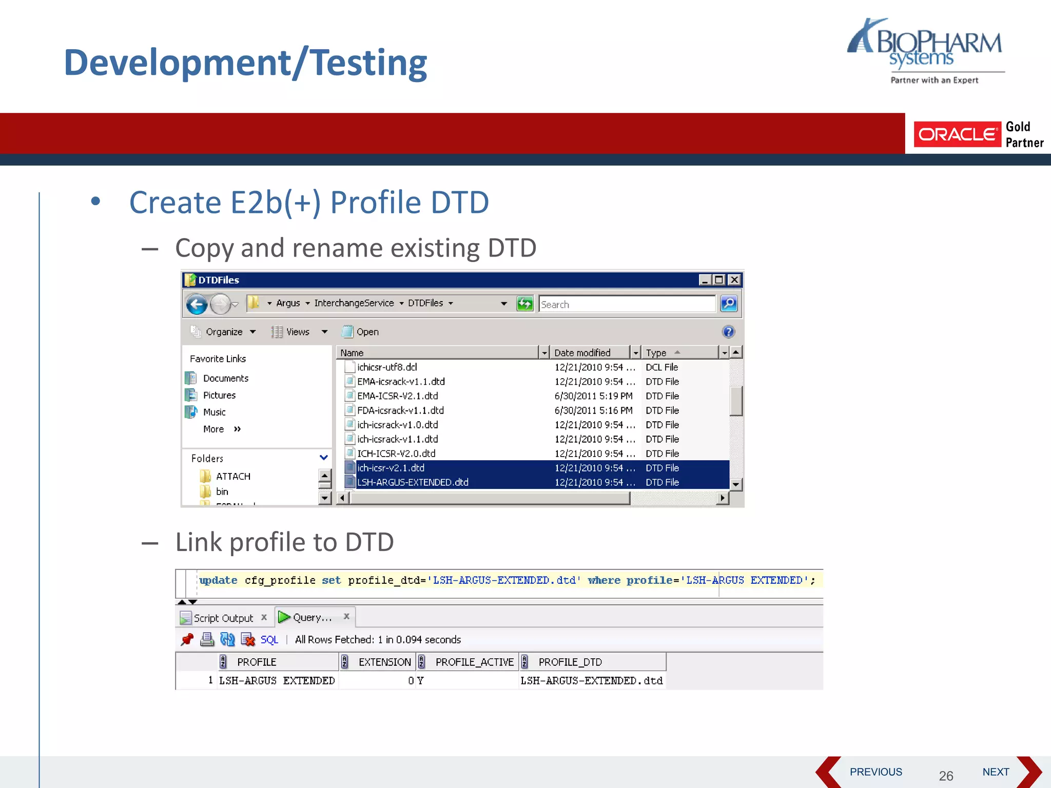 PREVIOUS NEXT
Development/Testing
• Create E2b(+) Profile DTD
– Copy and rename existing DTD
– Link profile to DTD
26
 