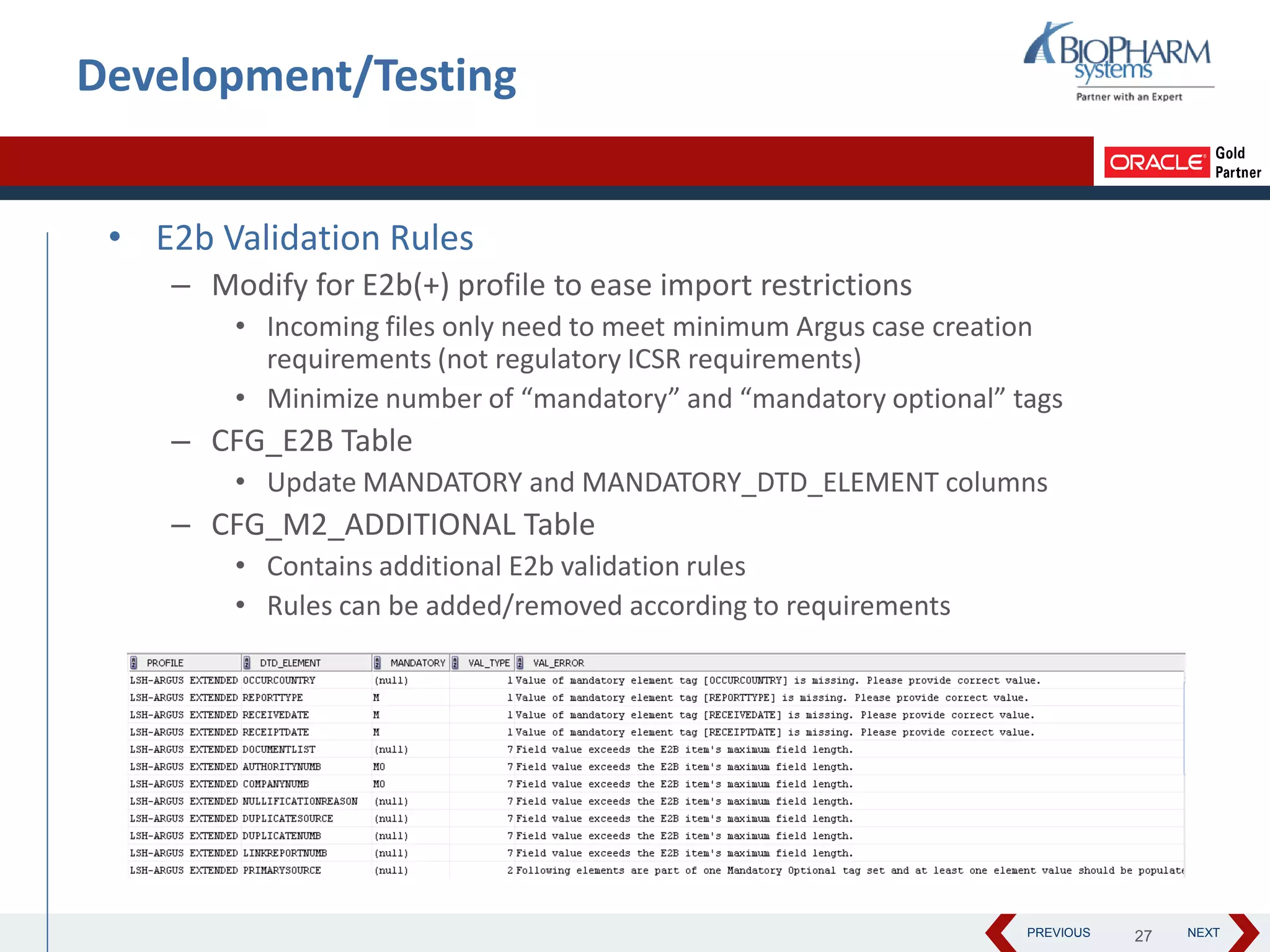 PREVIOUS NEXT
Development/Testing
• E2b Validation Rules
– Modify for E2b(+) profile to ease import restrictions
• Incoming files only need to meet minimum Argus case creation
requirements (not regulatory ICSR requirements)
• Minimize number of “mandatory” and “mandatory optional” tags
– CFG_E2B Table
• Update MANDATORY and MANDATORY_DTD_ELEMENT columns
– CFG_M2_ADDITIONAL Table
• Contains additional E2b validation rules
• Rules can be added/removed according to requirements
27
 