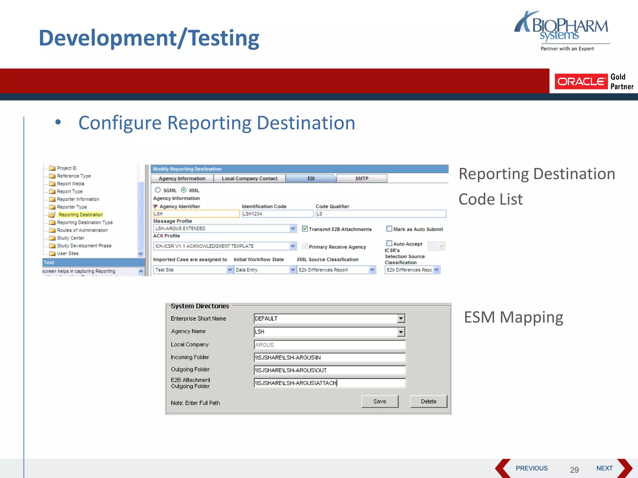 PREVIOUS NEXT
Development/Testing
• Configure Reporting Destination
Reporting Destination
Code List
ESM Mapping
29
 