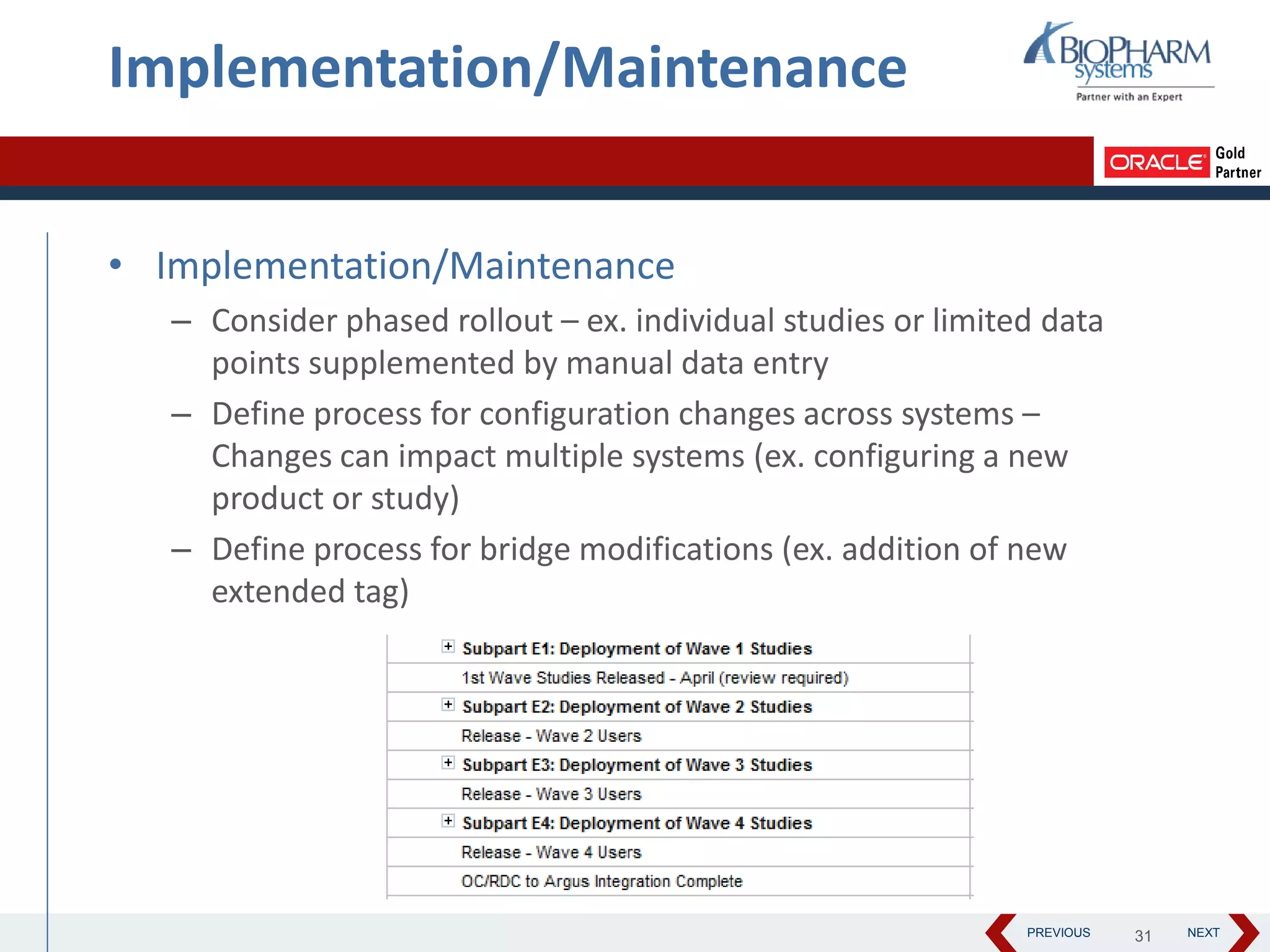 PREVIOUS NEXT
Implementation/Maintenance
• Implementation/Maintenance
– Consider phased rollout – ex. individual studies or limited data
points supplemented by manual data entry
– Define process for configuration changes across systems –
Changes can impact multiple systems (ex. configuring a new
product or study)
– Define process for bridge modifications (ex. addition of new
extended tag)
31
 